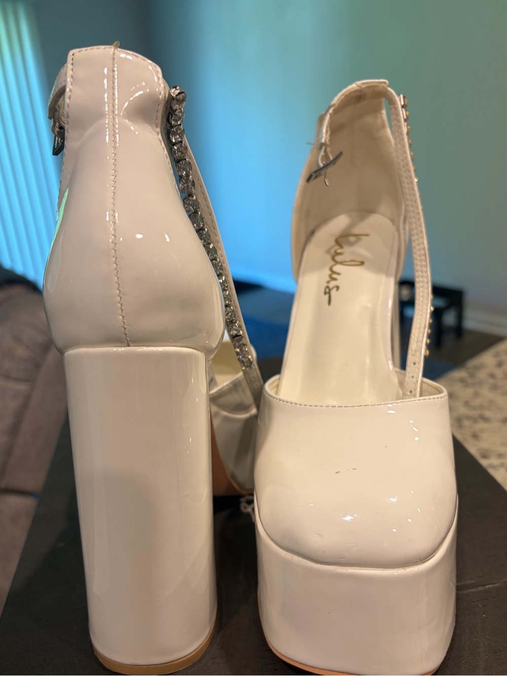 Lulus Zastyy White Patent Rhinestone Platform Pumps - Size 7.5 - Picture 2 of 9